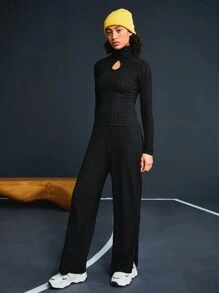 Street Sport Women'S Ribbed Long Sleeve T-Shirt And Split Wide Leg Sports Pants Set - Black - View 5