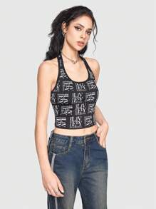 ROMWE Grunge Punk 女士性感緊身街頭戶外風格字母印花露背背心 - 黑色 - 查看 4