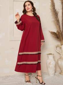 Al Najma Plus Size Long Sleeve Dress With Fringe Hem - Rust Brown - View 4