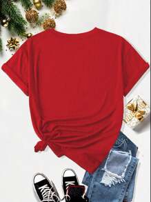 SHEIN Essnce 2024 New Year Spring Festival Fireworks Letter & Number Printed Short Sleeve Round Neck T-Shirt For Women - Red - View 2