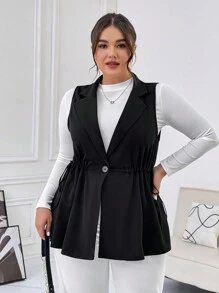 SHEIN Privé Plus Size Drawstring Waistcoat Vest, Business Casual Style - Black - View 5
