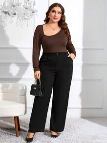 SHEIN Privé Plus Size Women'S Elegant Asymmetrical Neckline Bodysuit - Coffee Brown - View 5