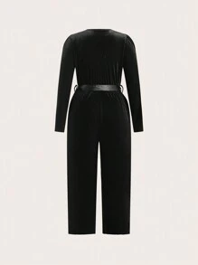 SHEIN Clasi Hơn Surplice cổ Thắt lưng quần ống rộng Nhung Áo liền quần - màu đen - Xem 2