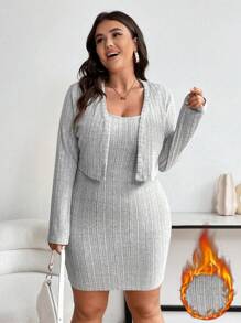 SHEIN Franclia 大尺碼女裝洋裝和開襟夾克套裝 - 灰色 - 查看 1