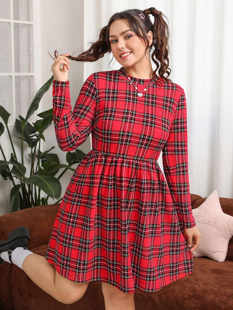 SHEIN EZwear Của phụ nữ Kích thước lớn Kẻ sọc Tròn Đường viền cổ áo Đập Eo Đầm - Đỏ - Xem 1