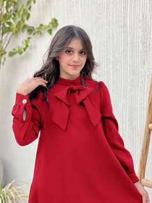 SHEIN Tween Girl Stand Collar Dress With Decorative Back Pleats And Buttons, Long Sleeve