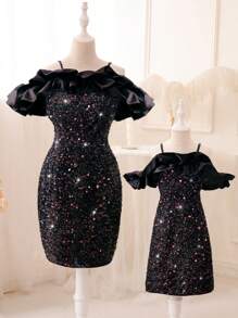 SHEIN Tween Girl Off-The-Shoulder Shiny Black Dress - Red and Black - View 3