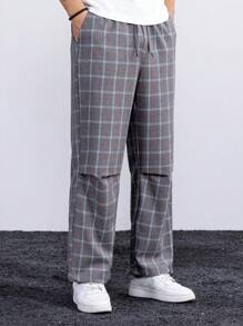 Manfinity Homme Loose Fit Men's Checkered Drawstring Waist Casual Pants - Grey - View 4