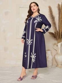 Al Najma Vestido De Manga Larga Con Estampado De Hojas De Talla Grande - Multicolor - Ver 5