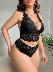 Plus Size Women's Lace Underwear Set With Faux Pearl Decorations, Bra & Panty Set, Lingerie