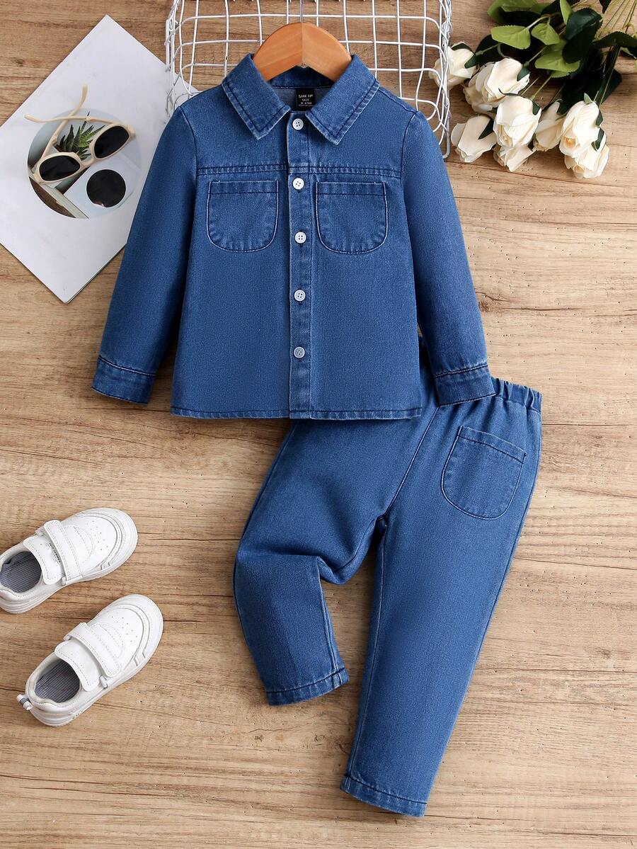 嬰兒男孩基本休閒牛仔襯衫套裝,帶有大口袋 - 中等水洗藍 - 查看 1