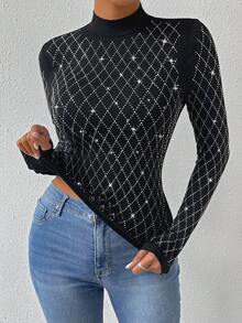 SHEIN Privé Của phụ nữ Pha lê Nghệ Embellished Họa tiết Lưới Đứng cổ áo Áo thun - màu đen - Xem 5