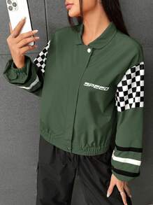 SHEIN EZwear 女士格紋凸起翻領摩托夾克 - 軍綠色 - 查看 4