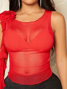 SHEIN SXY Ruffle Trim Ruched Mesh Tank Top - Red - View 5