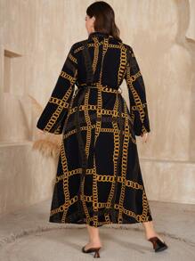 Mulvari Plus Size Chain Pattern Long Sleeve Buttoned Dress Maxi Women Outfit