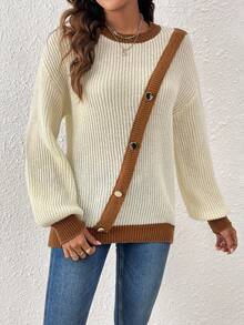 Áo len nữ cổ tròn, vai rớt, phối màu tương phản, thiết kế cài nút, phong cách thường ngày. - Nhiều màu - Xem 3