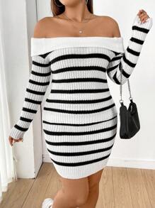 Flirla 大尺碼女露肩條紋毛衣和毛衣裙套裝