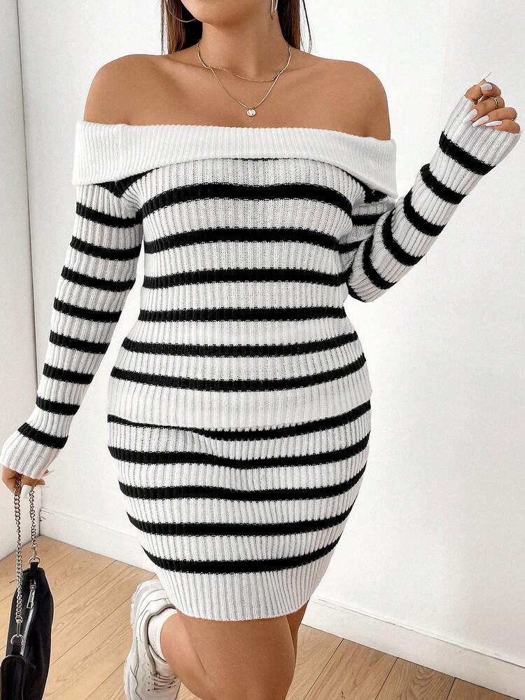 Plus Size Women'S Off Shoulder Striped Sweater And Sweater Skirt Set