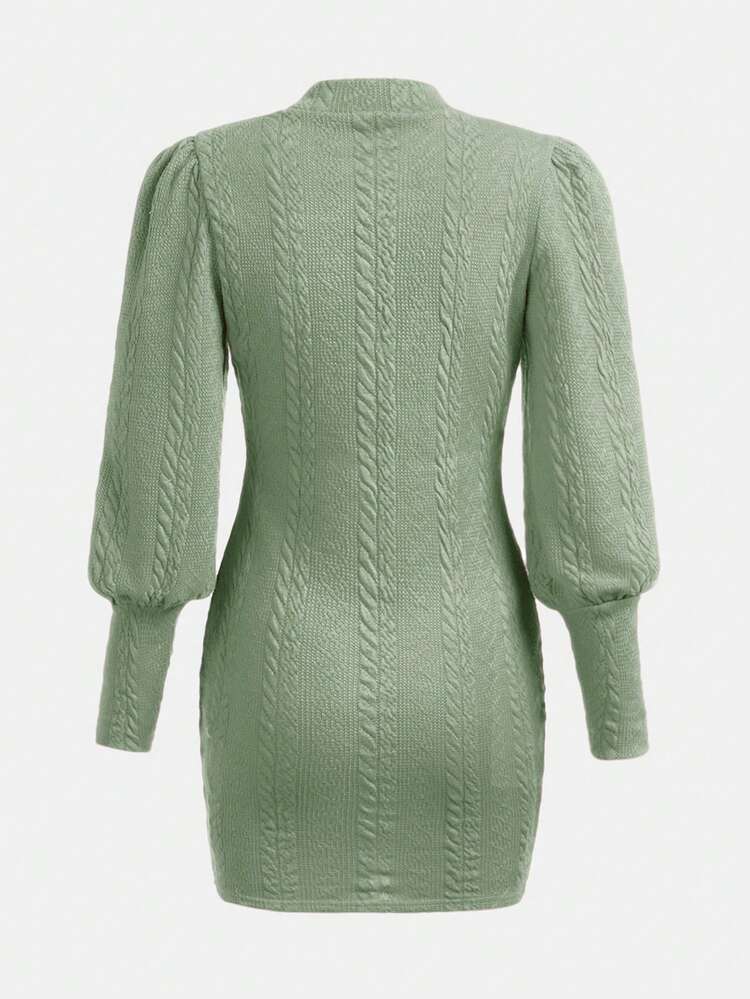 Teen Girls' Knitted Jacquard Stand Collar Dress With Lantern Sleeves, Belt Not Included