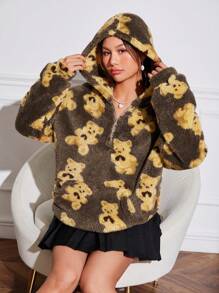SHEIN EZwear Half Zipper Fleece Hoodie With Cartoon Bear Pattern - Coffee Brown - View 6