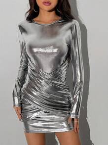Allurite Srebrny Brokat Długi Rękaw Dopasowana sukienka