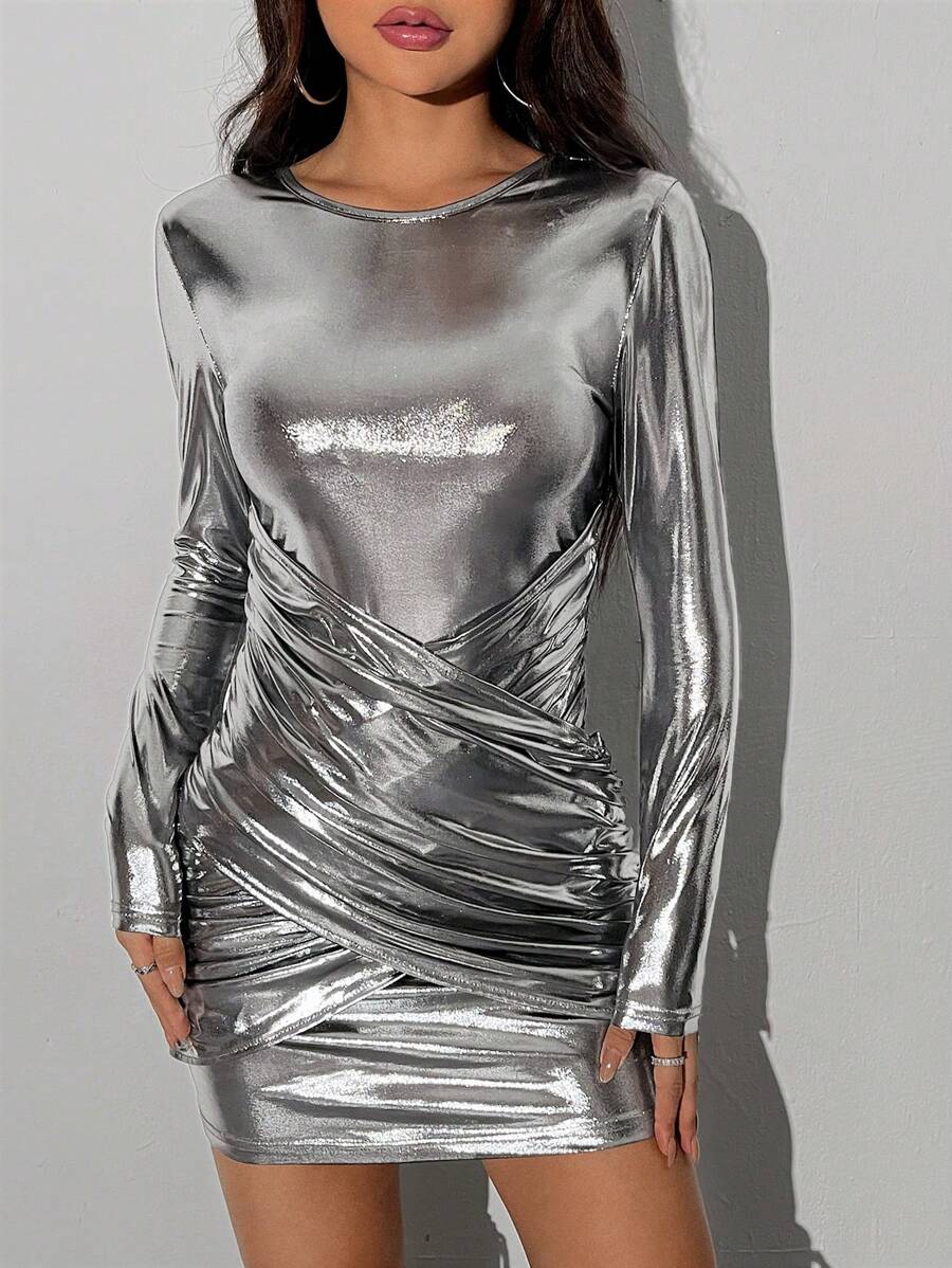 Allurite Srebrny Brokat Długi Rękaw Dopasowana sukienka