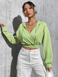 SHEIN Unity 女裝純色下垂肩連帽衫,帶束繩 - 薄荷綠 - 查看 5