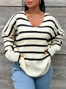 EURMUSE 大码 V 领落肩毛衣套头衫，适合冬季