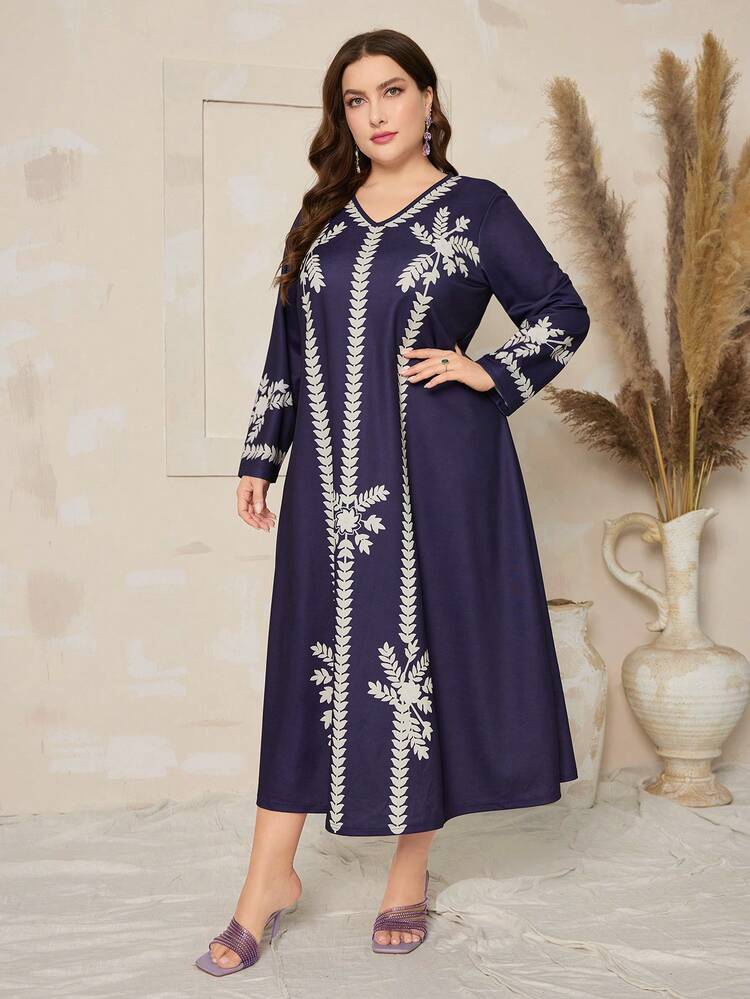 Plus Size Leaf Printed Long Sleeve Dress Kaftan Jalabiya Dress