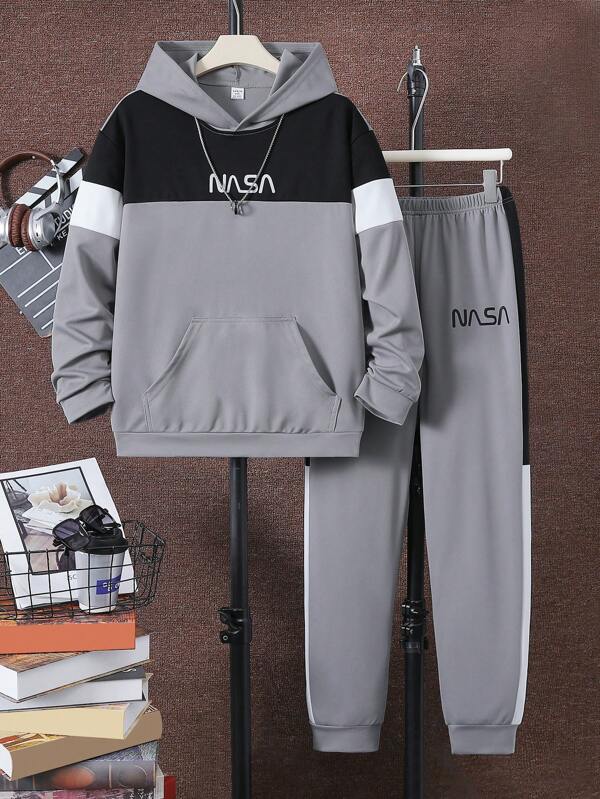 SHEIN Chico preadolescente Pantalones deportivos con capucha con estampado de letra de color combinado con bolsillo de canguro