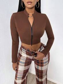VaVaBold Zippered Short Cropped T-shirt - Brown - View 6