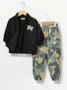 2 件套年轻男童休闲字母印花立领上衣和裤子套装，羊毛，加厚 - 彩色 - 查看 1