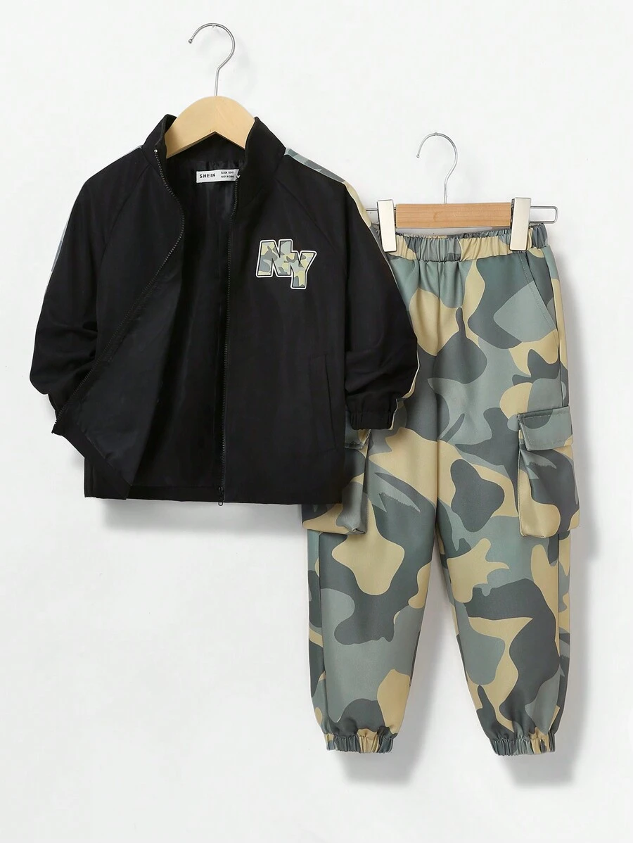 2 件套年轻男童休闲字母印花立领上衣和裤子套装，羊毛，加厚 - 彩色 - 查看 1