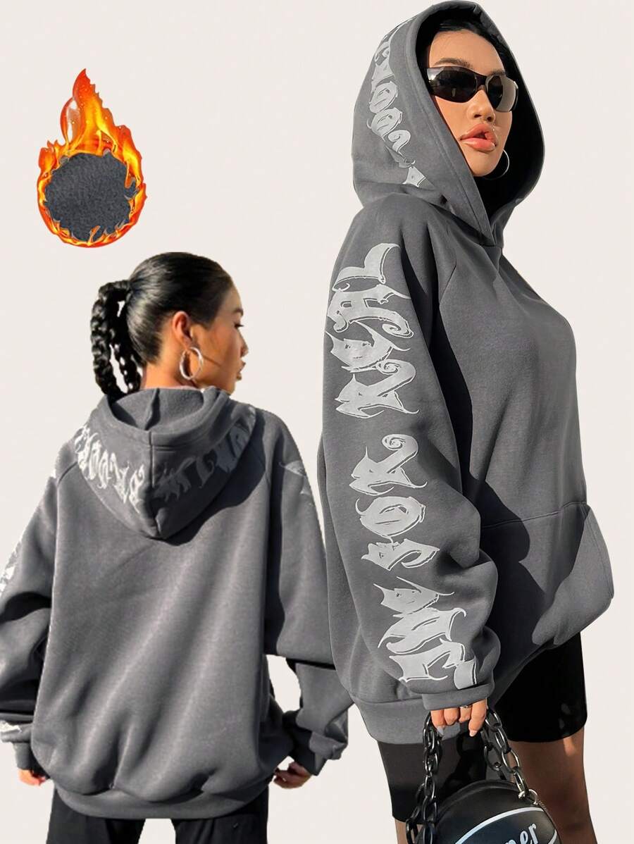 SHEIN Coolane 女款字母印花袋鼠口袋插肩袖连帽衫，带保暖衬里 - 灰色 - 查看 1