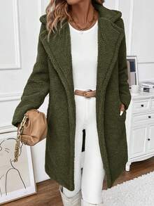 SHEIN LUNE 女式開衩毛絨外套 - 墨綠色 - 查看 5