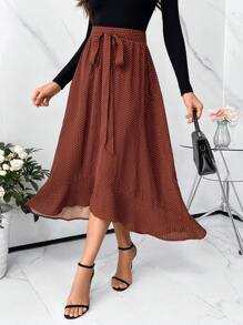 SHEIN Clasi Women's Polka Dot Print Belted Skirt With Ruffle Hem - Coffee Brown - View 1