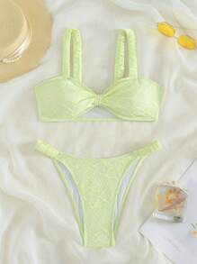 Swim Mod Summer Solid Color Textured Bikini Set - Yellow - View 1