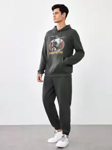 Manfinity VCAY Conjunto De Sudadera Con Capucha Con Cordón Y Pantalones Deportivos Para Hombres, Sueltos Y Con Impresión De Letras - Gris - Ver 3