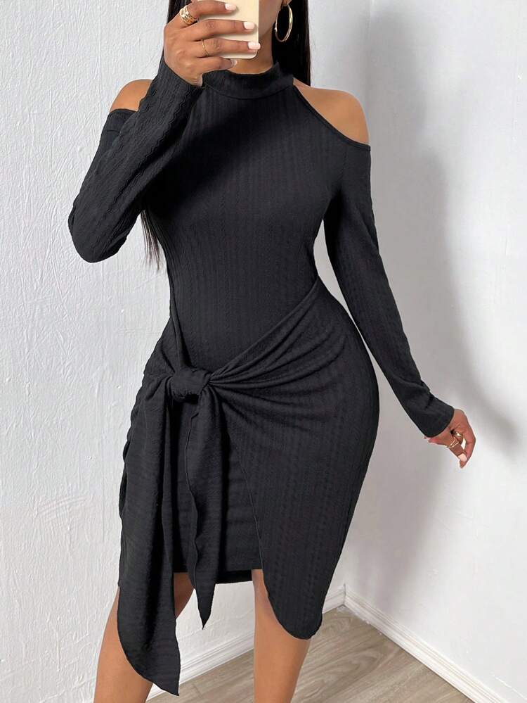 Solid Color Cutout Shoulder Twist Front Dress Fall Cloth For Women