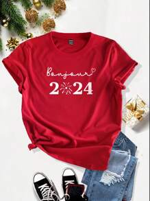 SHEIN Essnce 2024 New Year Spring Festival Fireworks Letter & Number Printed Short Sleeve Round Neck T-Shirt For Women - Red - View 1