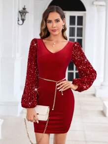 SHEIN Clasi 亮片拼接燈籠袖絲絨緊身洋裝 - 紅色 - 查看 4
