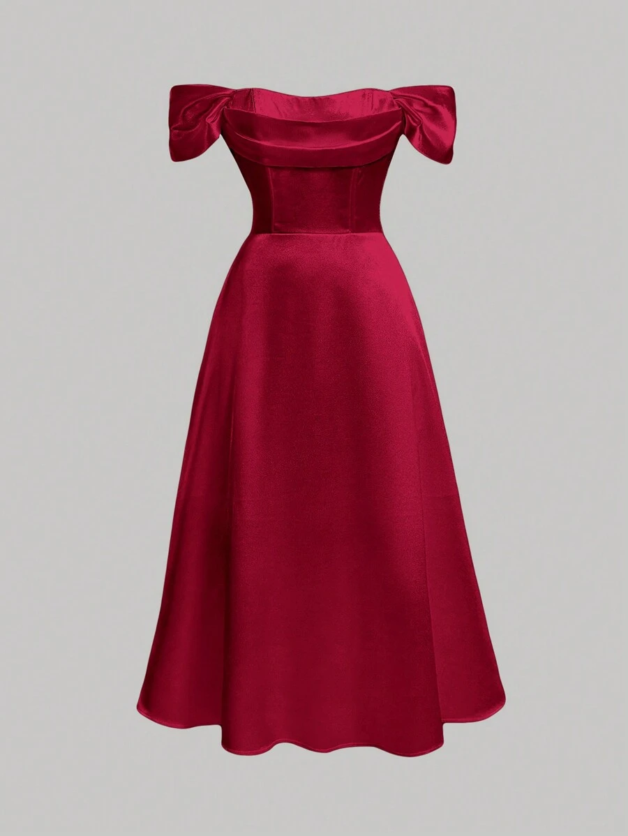 SHEIN MOD Women's Off Shoulder Pleated Dress - Burgundy - View 1