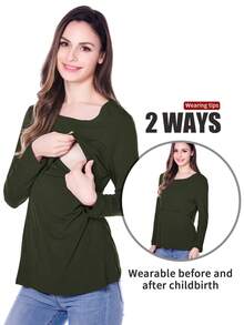 Maternidad 3 piezas Camiseta de rayas amamantamiento - Verde militar - Ver 3