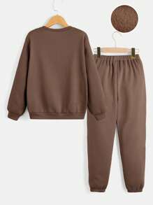 SHEIN Leap Crew Tween Boys' Casual Comfortable Letter Printed Thermal Lined Sweatshirt And Pants Two Piece Set - Brown - View 2