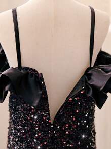 SHEIN Tween Girl Off-The-Shoulder Shiny Black Dress - Red and Black - View 5