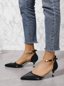 Black Satin Rhinestone & Faux Pearl Decorated Ankle Strap Hollow Out Pointed Toe High Heeled Shoes - Black - View 4