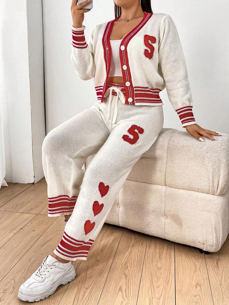 Flirla Của phụ nữ Kích thước lớn Tương phản Màu sắc Tim & Mẫu chữ Áo len Bộ - Màu be - Xem 1