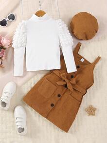 SHEIN Young Girl High Neck Leg Of Muttons Sleeve Top And Suspender Dress With Belt And Hat Set - Brown - View 7