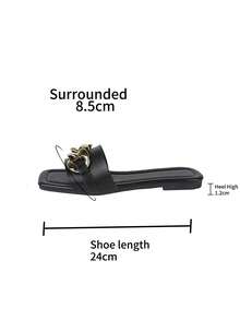 女式平底拖鞋,方頭設計,輕盈和裝飾扣環,簡單套脫式風格,夏季舒適休閒鞋,大碼 - 黑色 - 查看 3