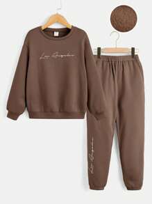 SHEIN Leap Crew Tween Boys' Casual Comfortable Letter Printed Thermal Lined Sweatshirt And Pants Two Piece Set - Brown - View 1
